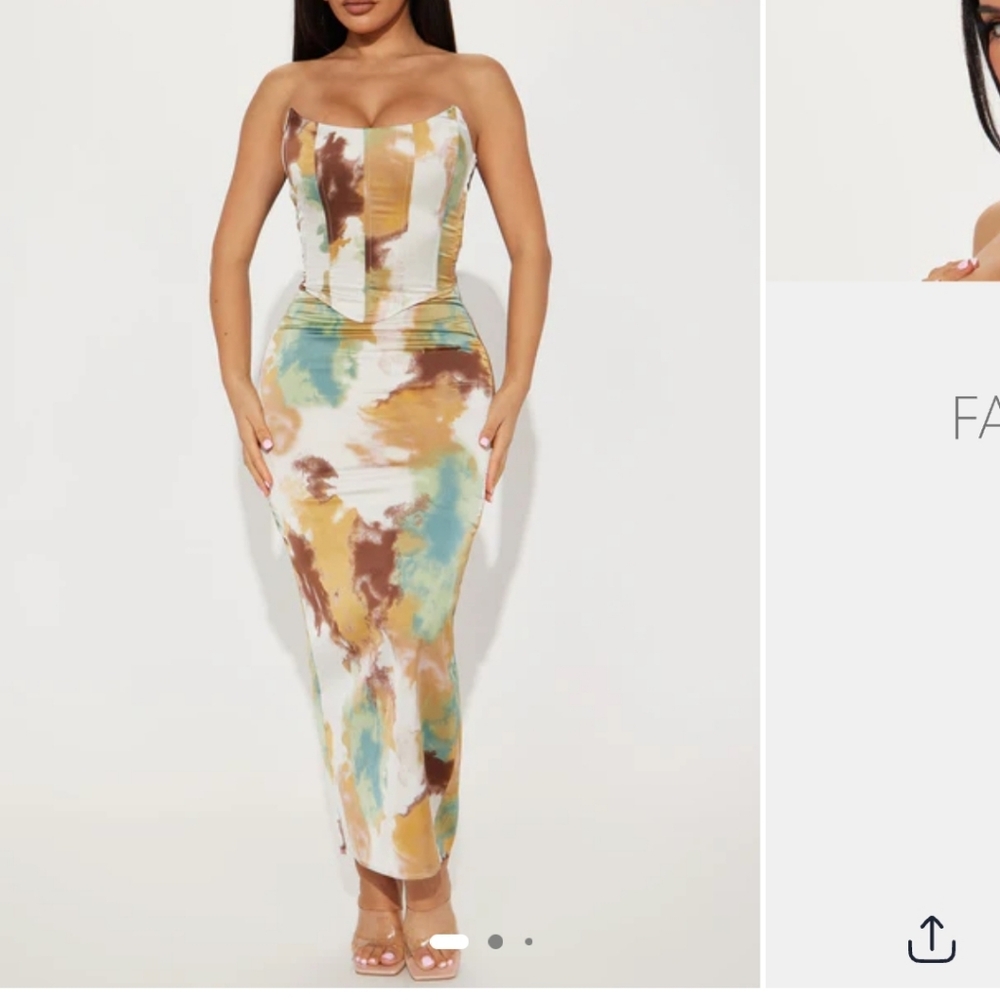Fashion Nova Strapless Dress in Brown, Cream, and Blue
